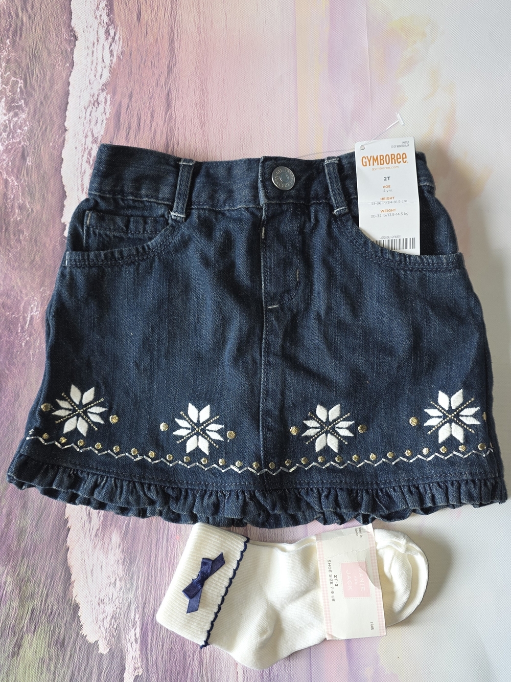 Gymboree Navy Denim Mini Skirt White Snowflake Embroidery